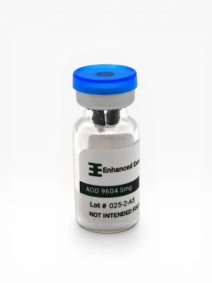 Enhanced Executive AOD 9604 5mg peptide vial with blue cap on white background
