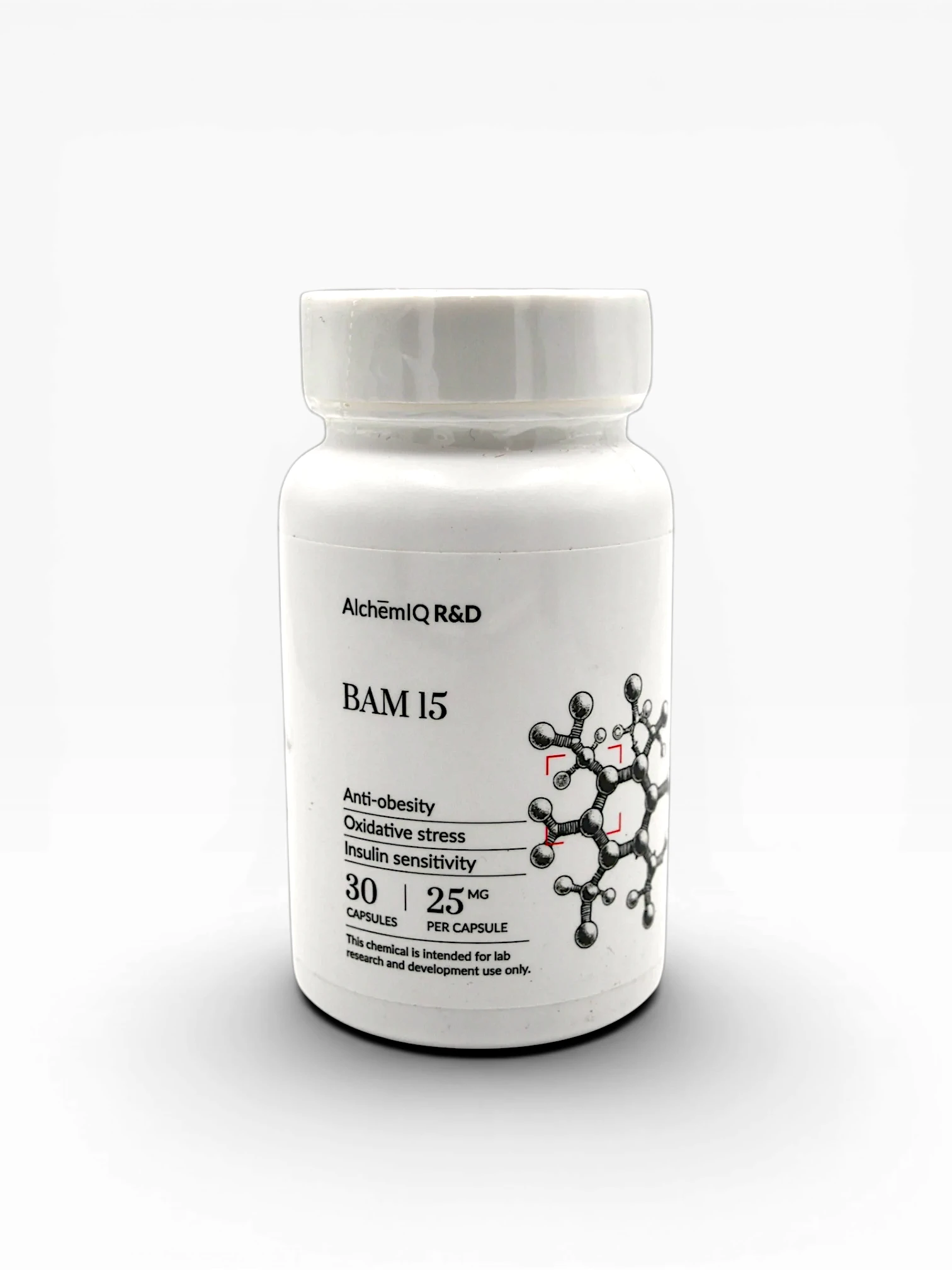 AlchemIQ R&D BAM15 anti-obesity research compound 25mg capsules 30-count white bottle