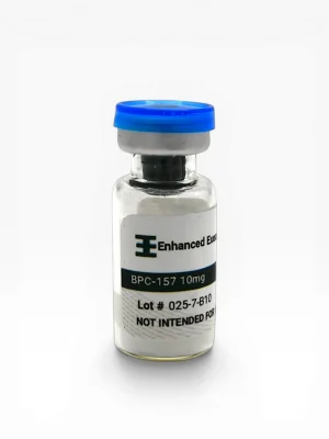 Enhanced Executive BPC-157 10mg peptide vial with blue cap on white background