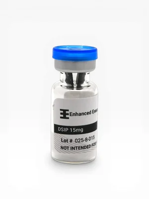 Enhanced Executive DSIP 15mg peptide vial with blue cap on white background