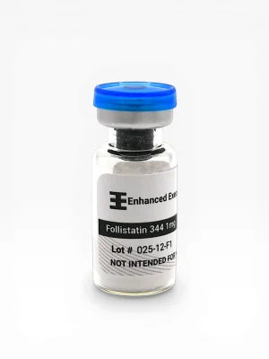 Enhanced Executive Follistatin 344 1mg peptide vial with blue cap on white background