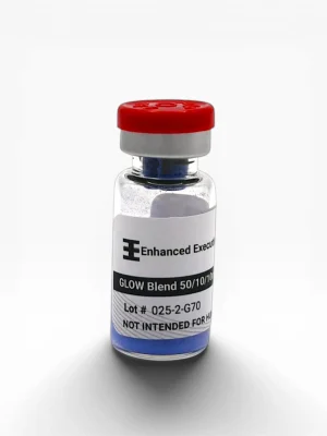 Enhanced Executive GLOW Blend 50/10/10 peptide vial with red cap on white background