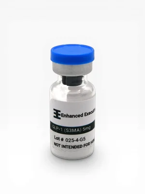 Enhanced Executive GLP-1 S3MA 5mg peptide vial with blue cap on white background