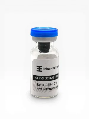Enhanced Executive GLP-3 R3TA 10mg peptide vial with blue cap on white background