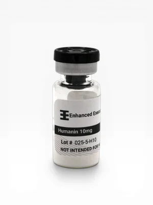 Enhanced Executive Humanin 10mg peptide vial with black cap on white background