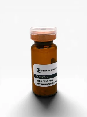 Enhanced Executive NAD+ 500mg amber glass vial with peach cap on white background