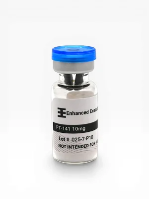 Enhanced Executive PT-141 10mg peptide vial with blue cap on white background