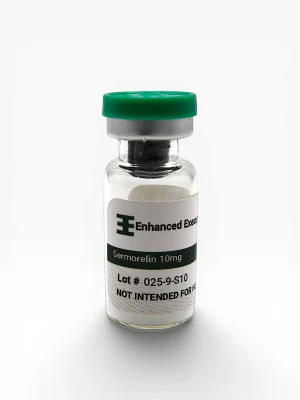 Enhanced Executive Sermorelin 10mg peptide vial with green cap on white background