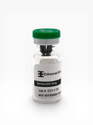 Enhanced Executive Sermorelin 5mg peptide vial with green cap on white background