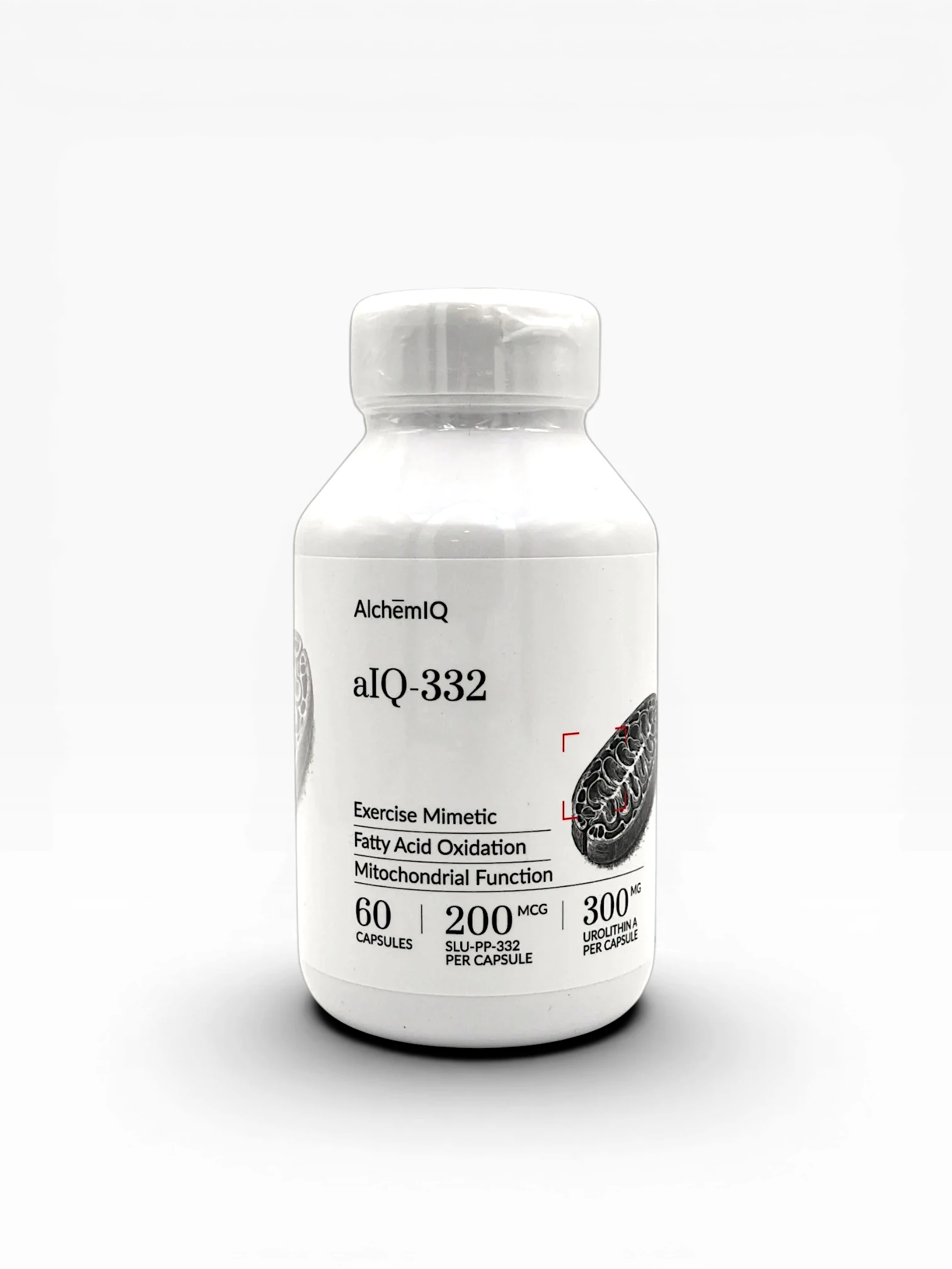 AlchemIQ aIQ-332 SLU-PP-332 200mcg and Urolithin A 300mg exercise mimetic capsules 60-count white bottle