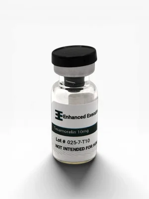 Enhanced Executive Tesamorelin 10mg peptide vial with black cap on white background