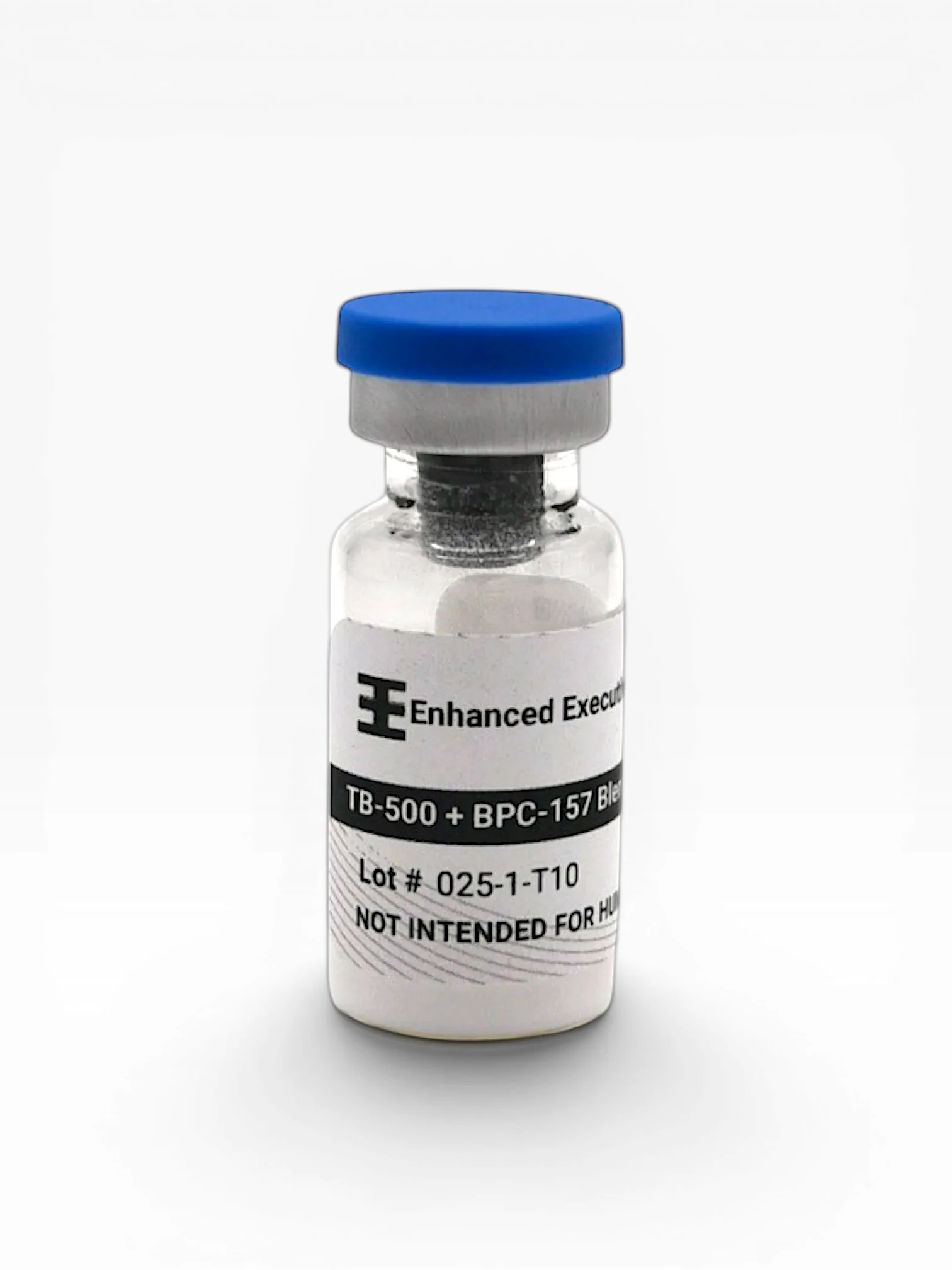 Enhanced Executive TB-500 and BPC-157 blend peptide vial with blue cap on white background